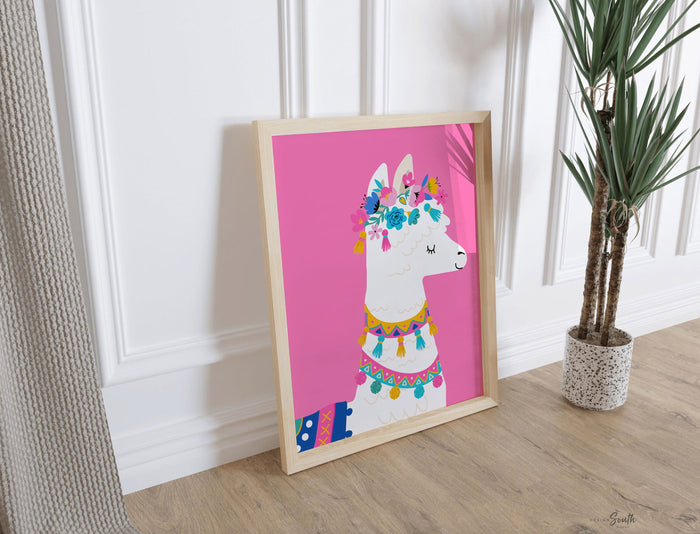 Pink purple turquoise nursery, girl playroom art, colorful llama wall art for girl, nursery bedroom pink purple teal baby room wall decor