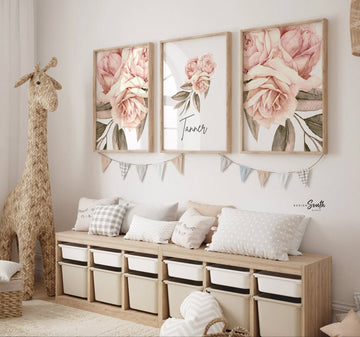 French rose girl room, elegant feminine floral art, floral french rose flower prints, baby girl nursery dusty rose themed, baby shower roses