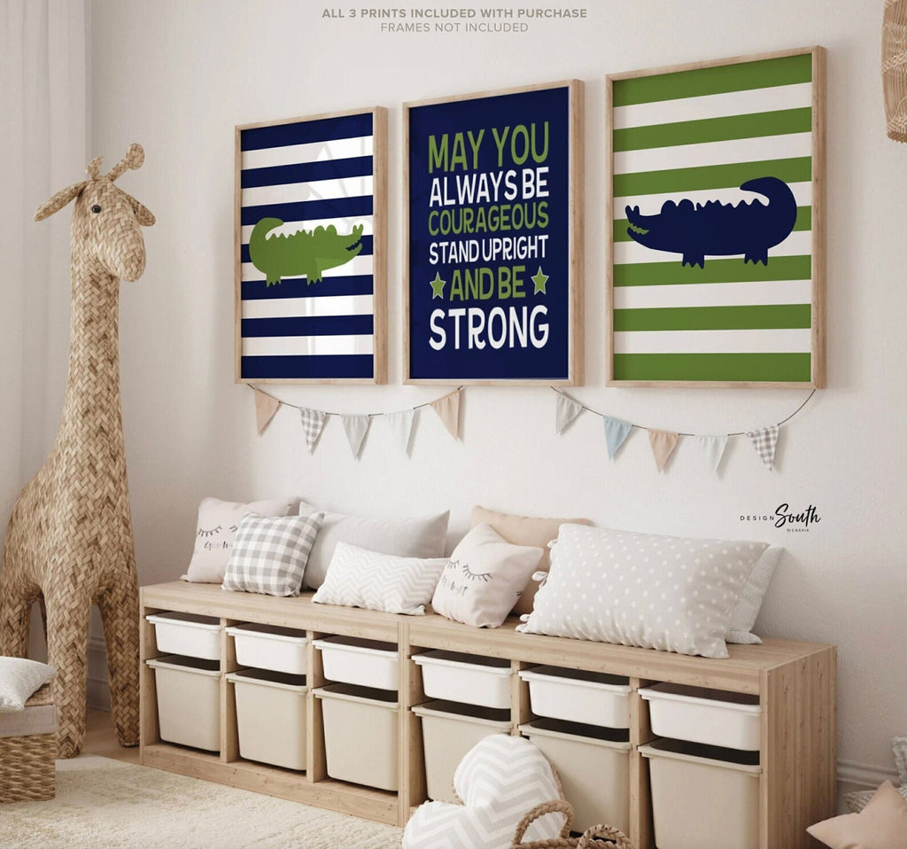 Boys alligator nursery decor in navy blue and green, stripes, quote for boys nursery, boys room quote, gator nursery decor, boys wall art