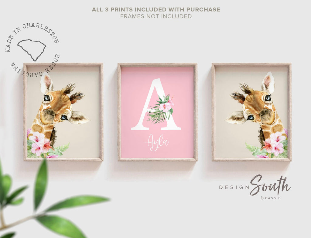 Giraffe nursery art for girl, pink floral giraffe wall art, girl giraffe nursery wall art tropical, pink flowers giraffe, baby shower gift