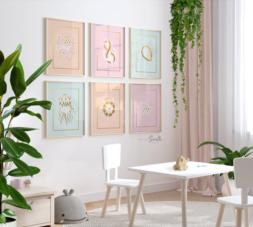Nautical baby art, girl ocean beach nursery, nautical nursery wall art pastel tones, gold and pastel nautical room decor, baby girl room art