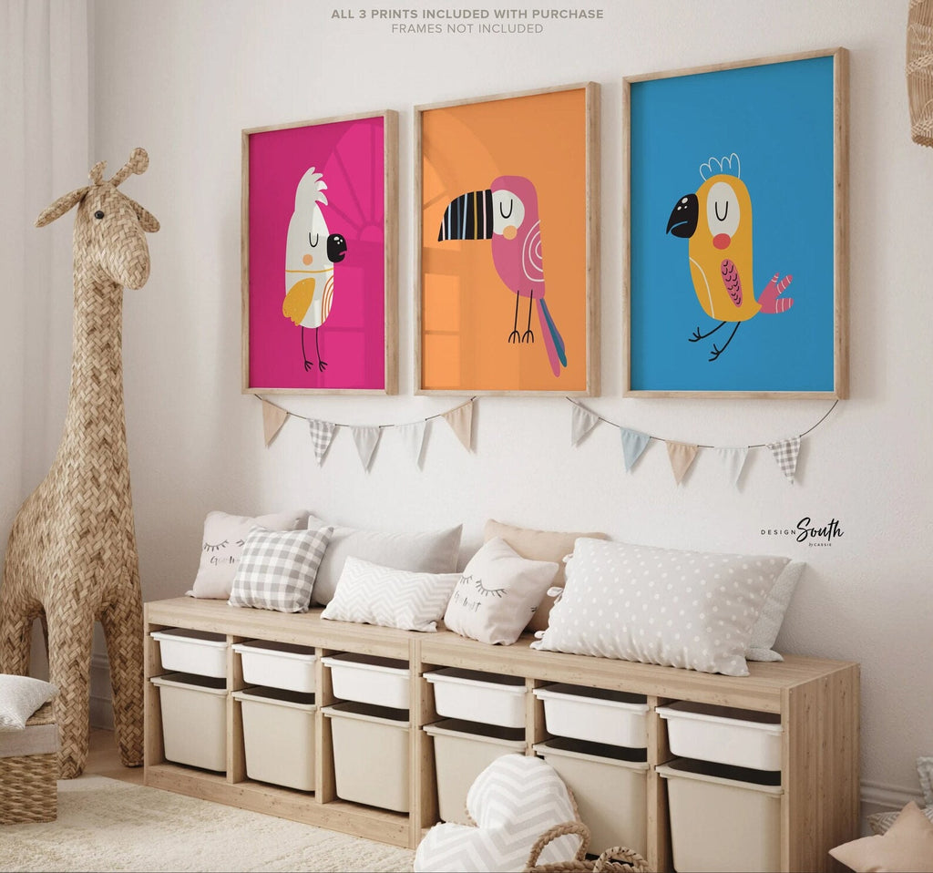 Toucan bird prints, wall art tropical bird, pink tropical wall art, pink yellow green bright tropical art, modern trendy bright art set of 3