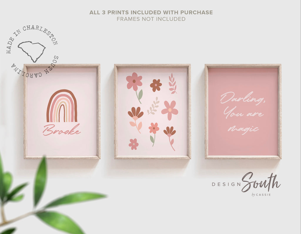 Baby floral monogram art, custom baby print birth gift, baby girl monogram flowers, personalized nursery decor girl, darling you are magic