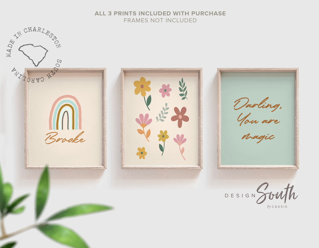 Neutral girl nursery decor, girls name earthy muted rainbow decor, soft nursery decor, flower theme, darling you are magic, baby girl gift