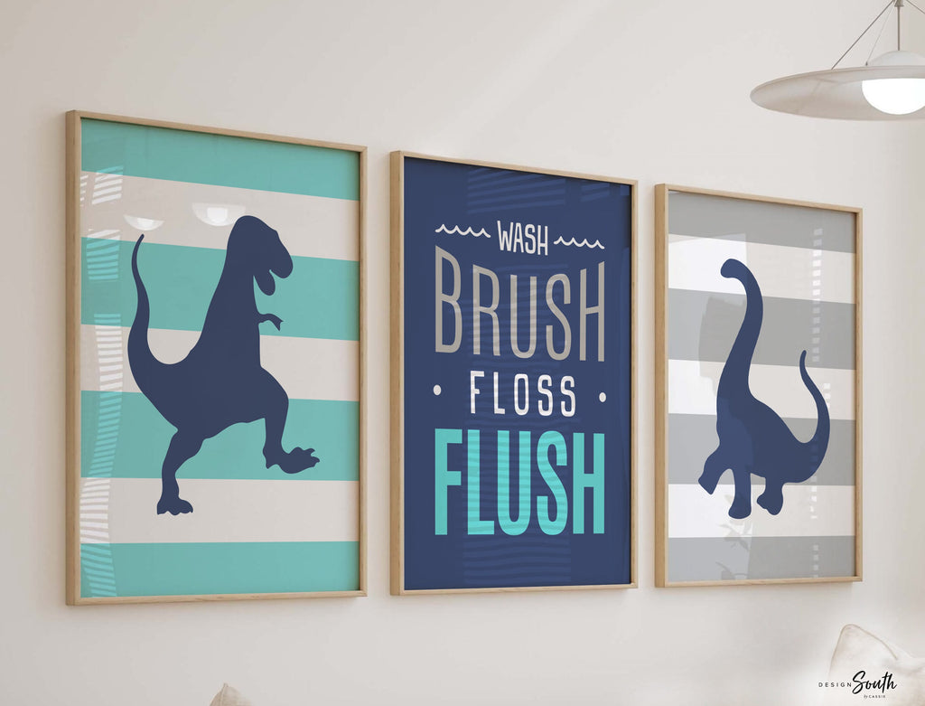 Boys blue and gray bathroom, dinosaur bathroom, wash brush flush, boys bathroom prints, boys dinosaur bathroom decor, boys dinosaur wall art