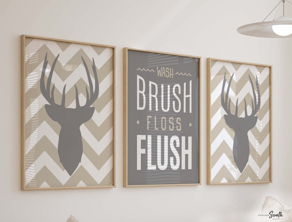 Boys bathroom decor, deer bathroom decor, gray and tan, wash brush floss flush hunting bathroom, quote eight point buck, rustic toddler art