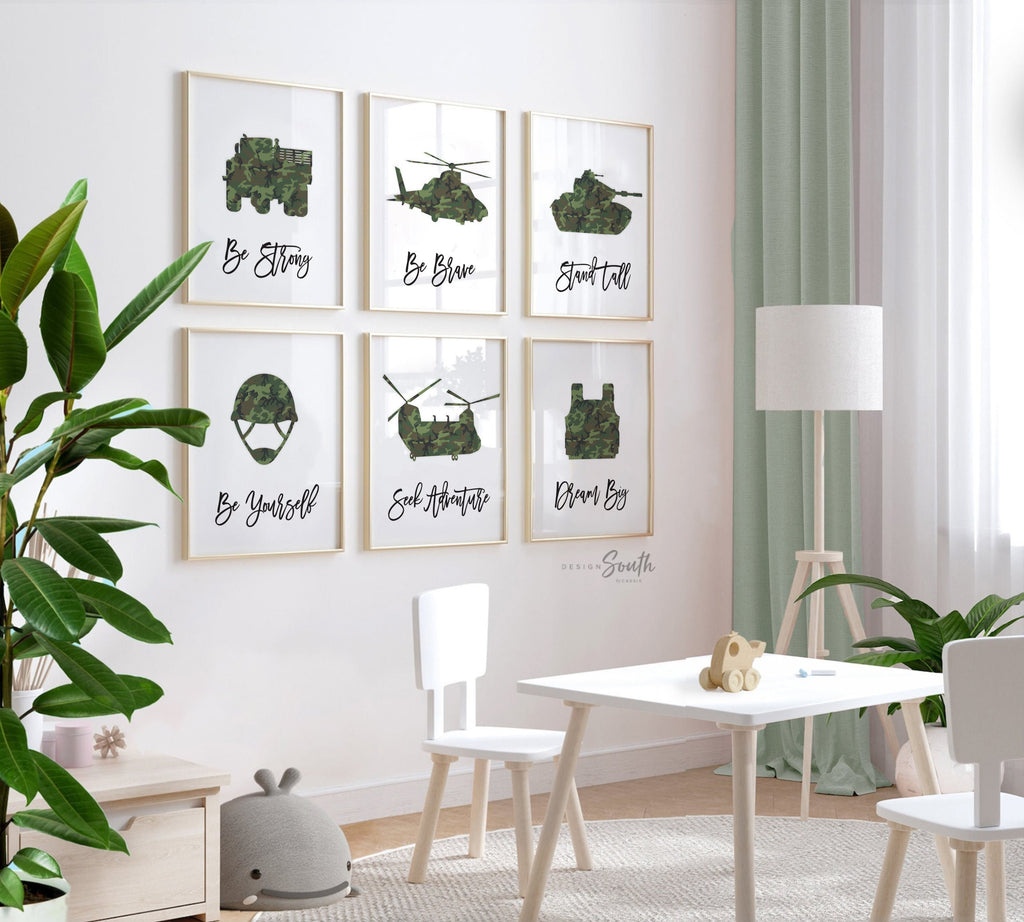Army vehicles boys wall art set, soldier military tank truck helicopter, boys bedroom wall art print decor army marine troop, playroom army