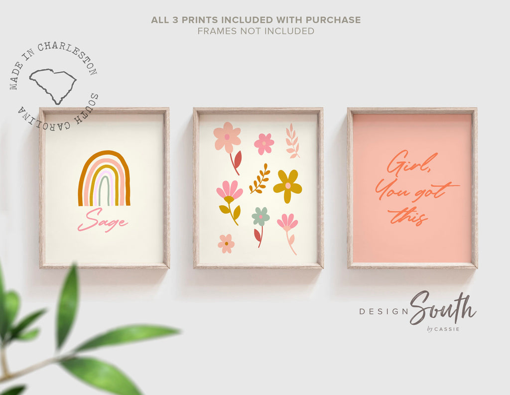 Ditsy floral nursery, personalized flowers baby name art, floral baby girl nursery art, personalized girl gift, girl bedroom wall botanical