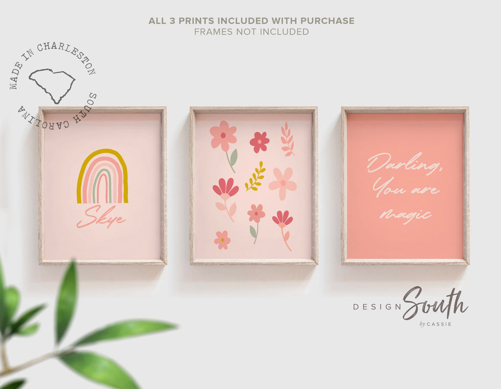 Baby floral monogram art, custom baby print birth gift, baby girl monogram flowers, personalized nursery decor girl, darling you are magic