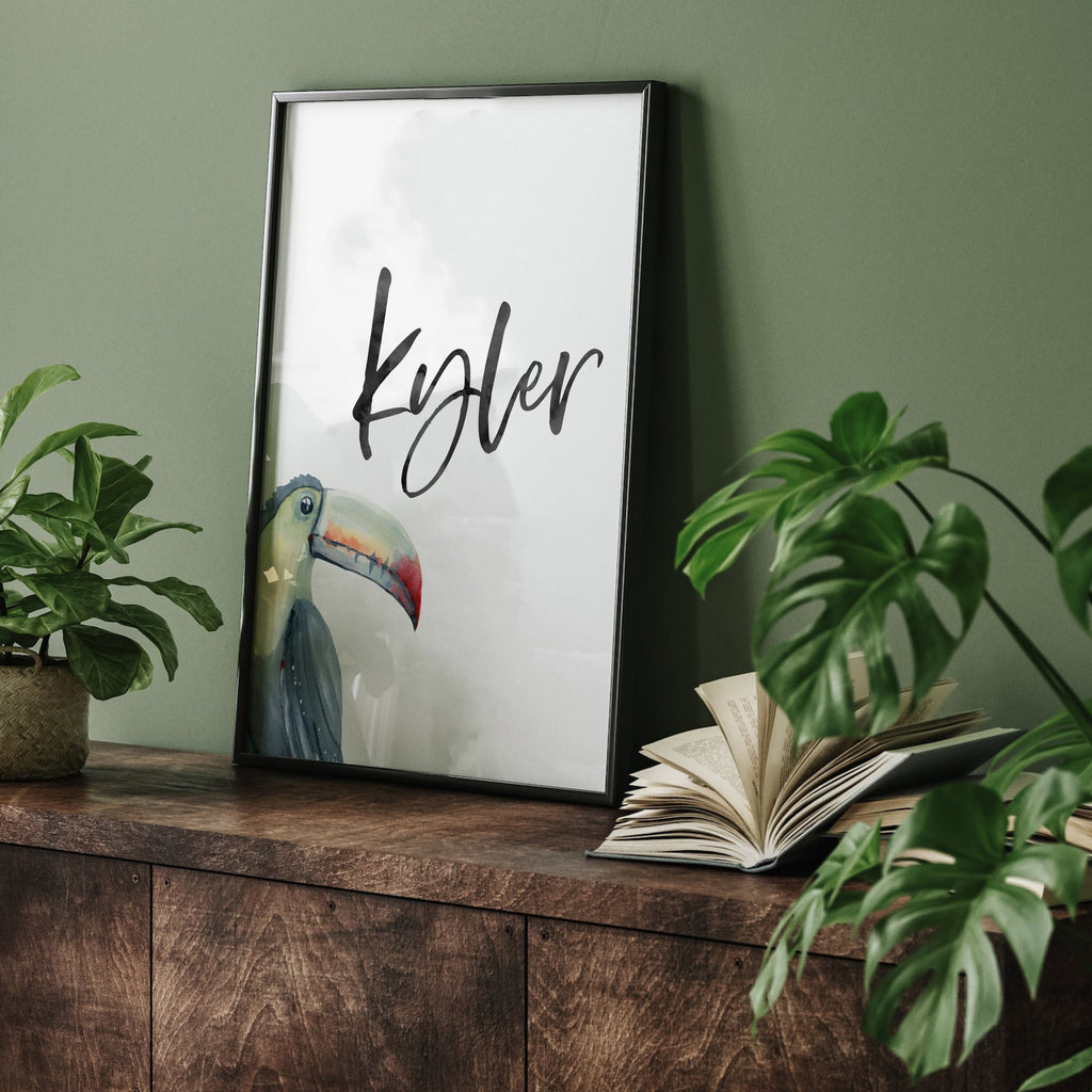 Boys name sign tropical toucan, boy tropical print set nursery, tropical baby boy shower gift, newborn above crib art idea palm custom name