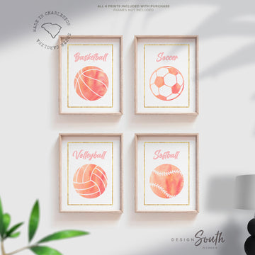 Girl sports themed gift, girl room wall sports art, pink sports print set, set of 4, sports posters for girls, art collection sports themed