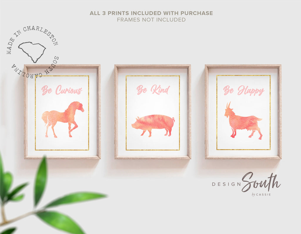 Girls nursery decor farm animals, cowgirl nursery, western girls nursery art, pink and gold farm baby prints, farm collection animals girl