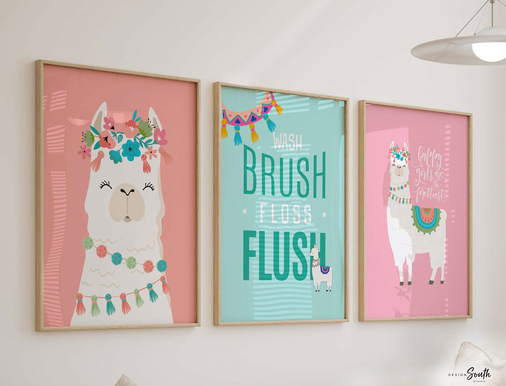 Girls llama bathroom decor, coral pink and teal girls bathroom decor, girls bathroom art print llama, pink and teal art, alpaca llama theme