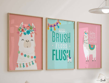 Girls llama bathroom decor, coral pink and teal girls bathroom decor, girls bathroom art print llama, pink and teal art, alpaca llama theme