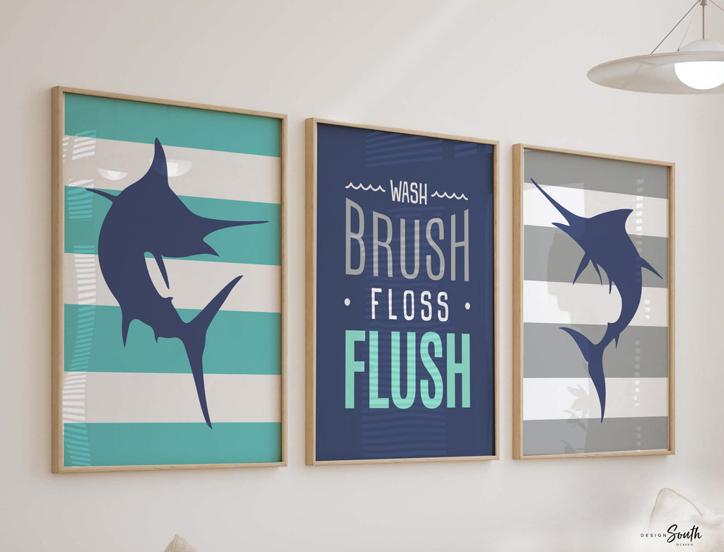 Boys bathroom decor gray and navy blue, marlin fish theme baby boy, fish baby shower gift, fisherman gift for baby, toddler bathroom decor