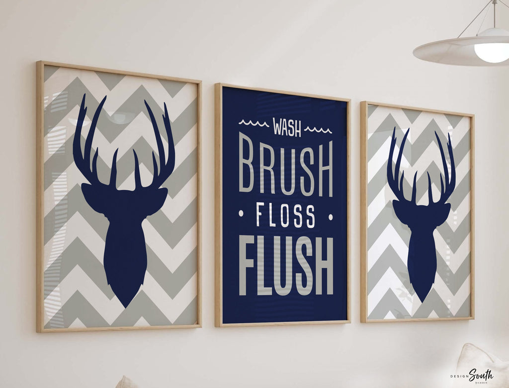 Boys bathroom decor, deer theme bathroom, wash, brush, floss, flush, navy blue and gray, deer wall decor, bathroom prints for boys, bucks