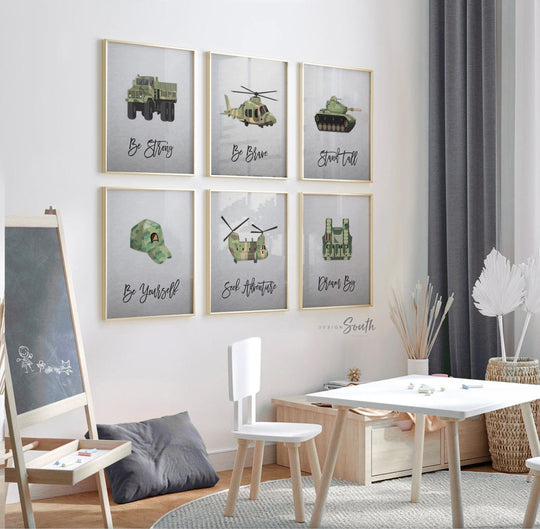 Army vehicles boys wall art set, soldier military tank truck helicopter, boys bedroom wall art print decor army marine troop, playroom army
