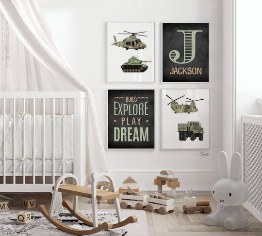 Army vehicles boys wall art set, soldier military tank truck helicopter, boys bedroom wall art print decor army marine troop, playroom army