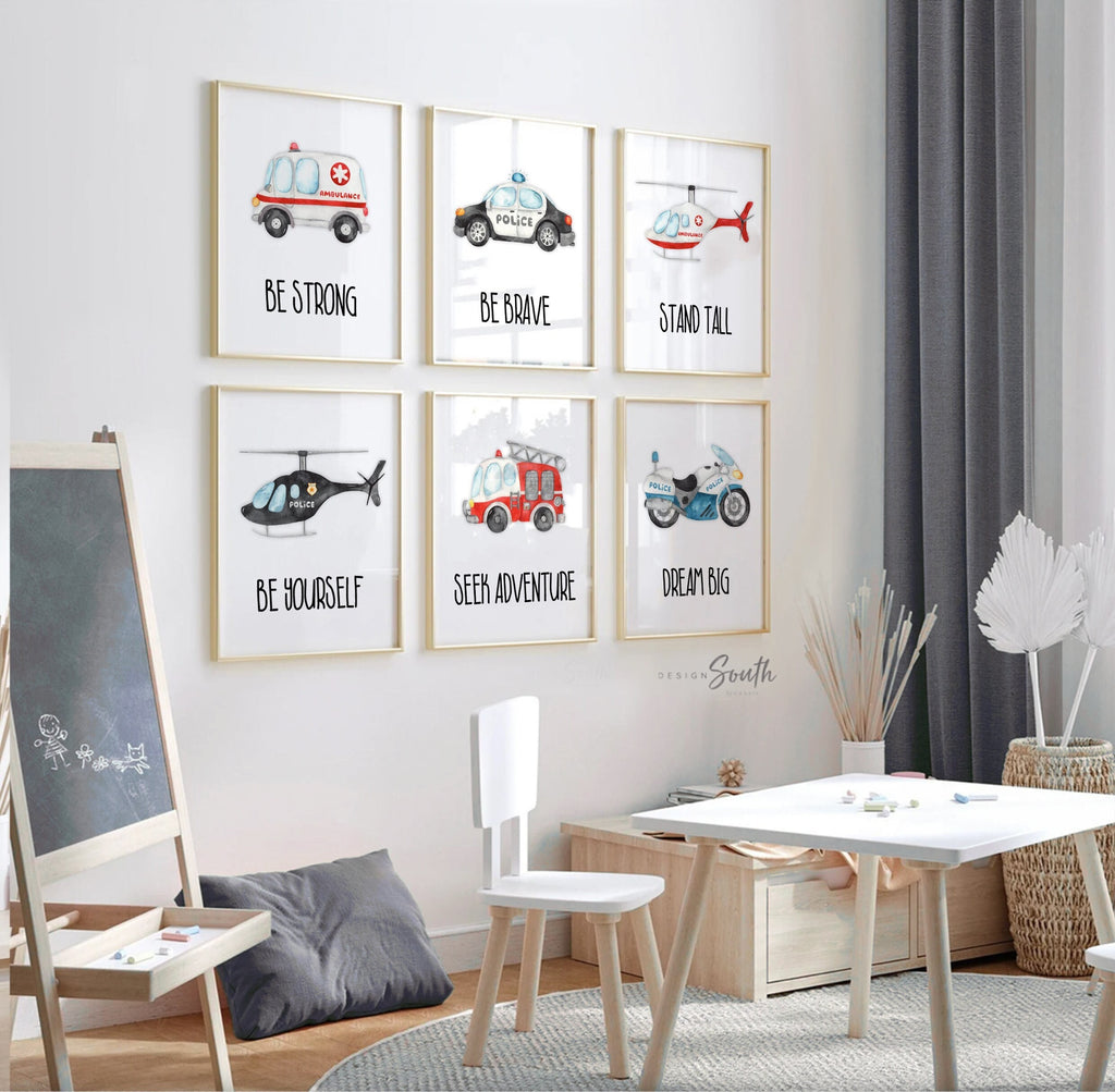 Rescue vehicle wall art, emergency vehicles nursery art, toddler room decor, big boy bedroom, transportation nursery, vehicles wall art set