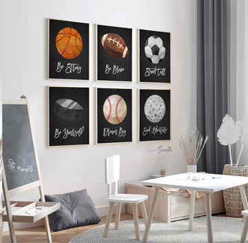 Sports collection art set of 6, boys sports nursery wall art prints, boy sports theme, boy sports inspirational positivity prints bedroom