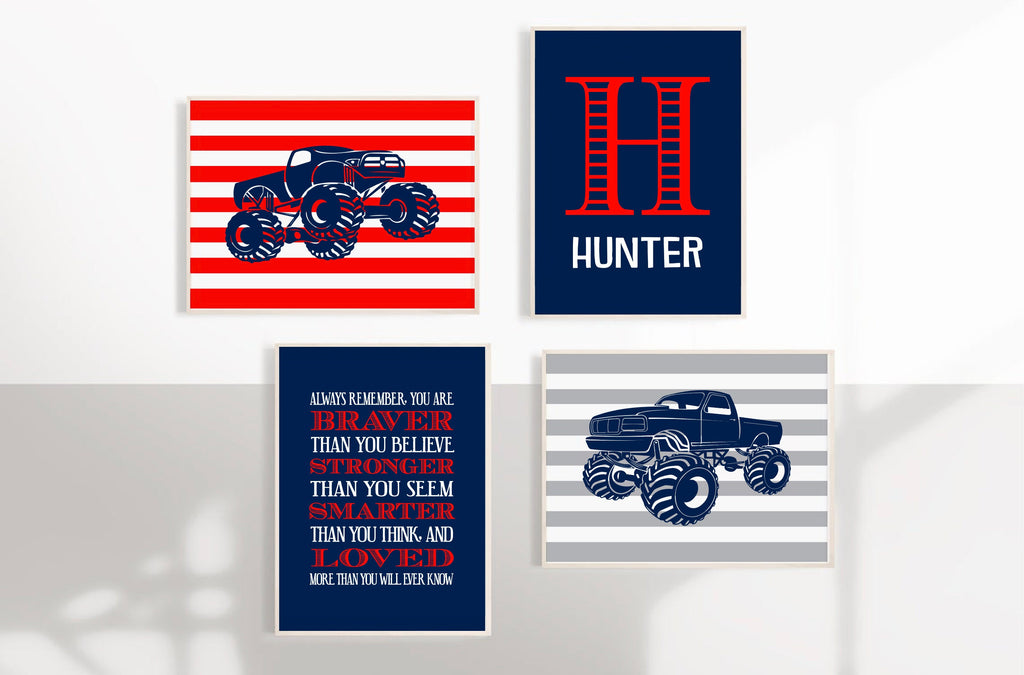 Monster truck boys bedroom decor, personalized name for boys room, big truck wall art prints, boys truck decor, toddler truck bedroom decor