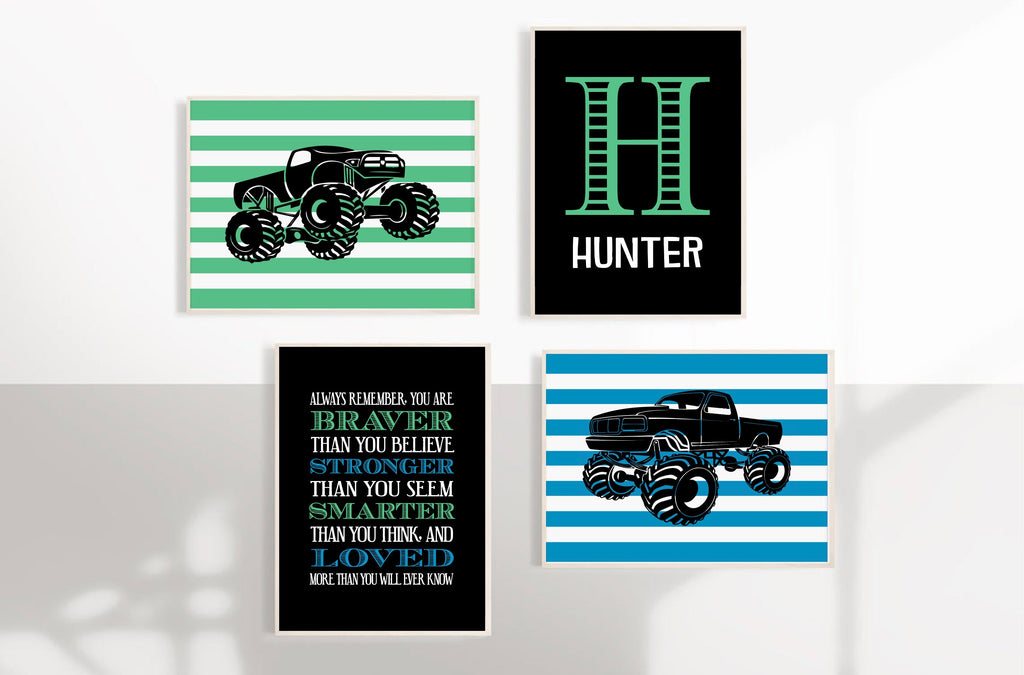 Monster truck wall personalized name for boys room decor, truck theme wall prints, boys monster truck with name, toddler truck bedroom decor
