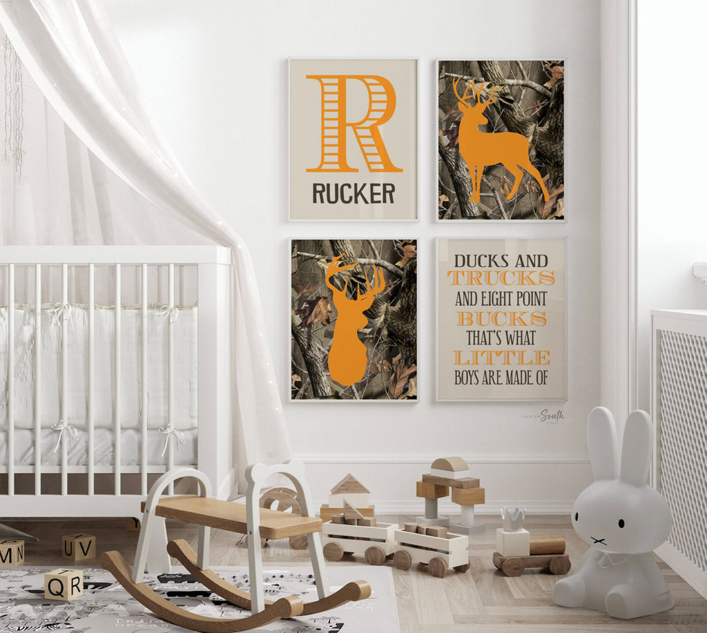 Boys camouflage buck deer with quote and personalized print, ducks, bucks, trucks, what little boys are made of, hunting theme, camo boys