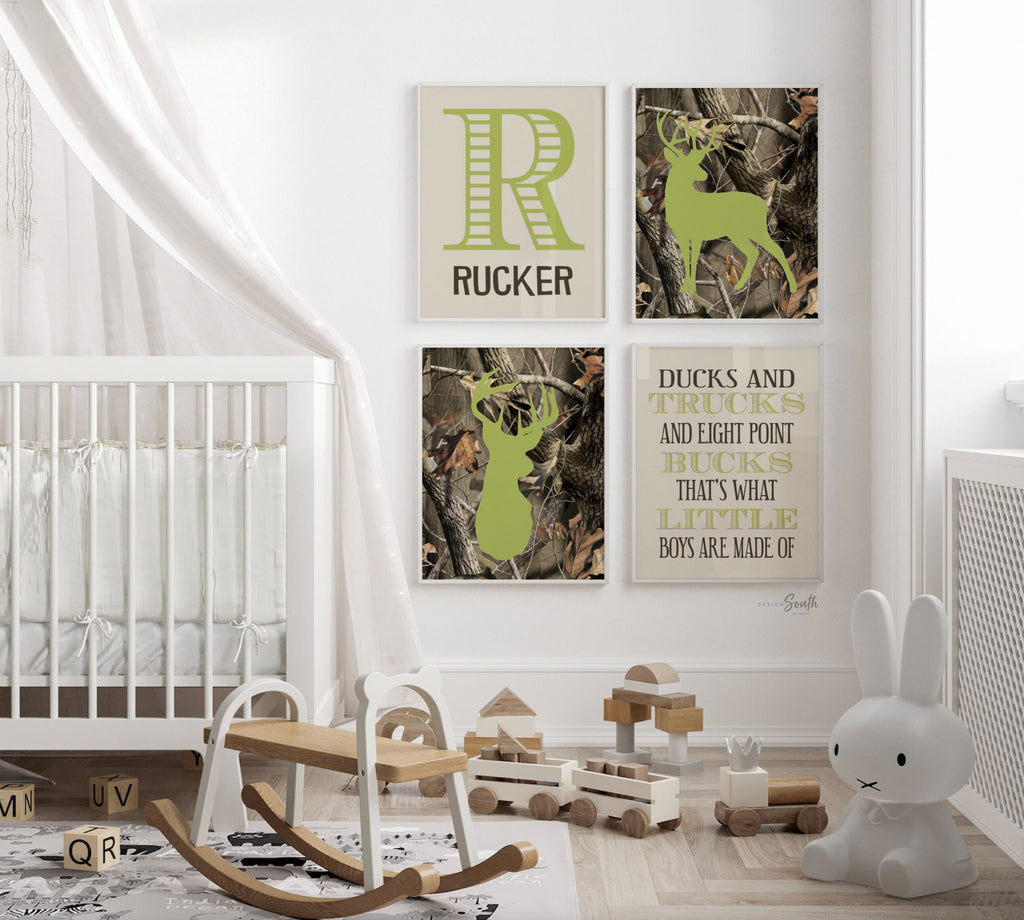 Deer theme nursery or bedroom decor for boy's room, camouflage prints, buck deer nursery, hunting theme for boys, personalized name print