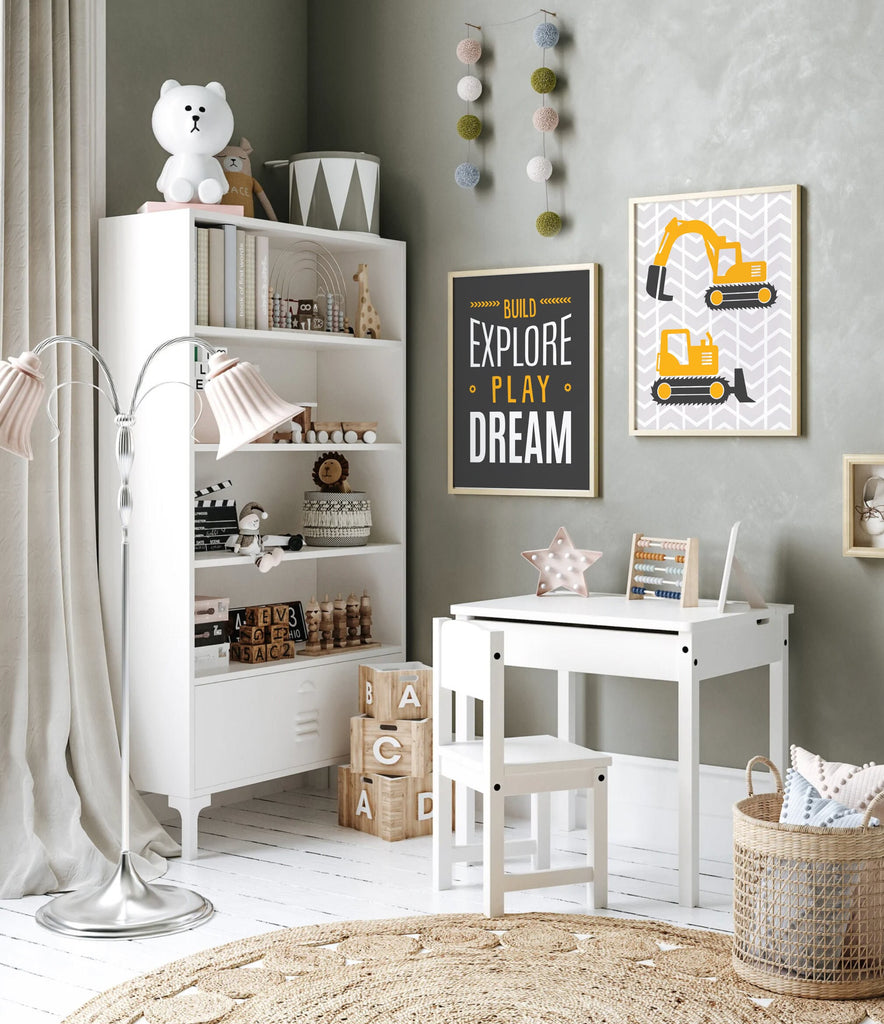 Build explore play dream, big boy bedroom construction, digger prints, digger wall art, boys construction theme bedroom, boys bedroom decor