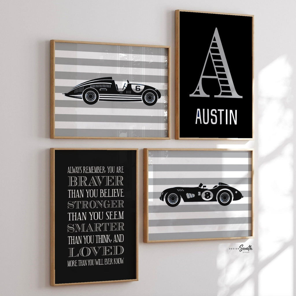 Vintage racecar prints, vintage car nursery, black and gray art, racecar nursery theme, boys racecar nursery, racecars, boys racecar bedroom