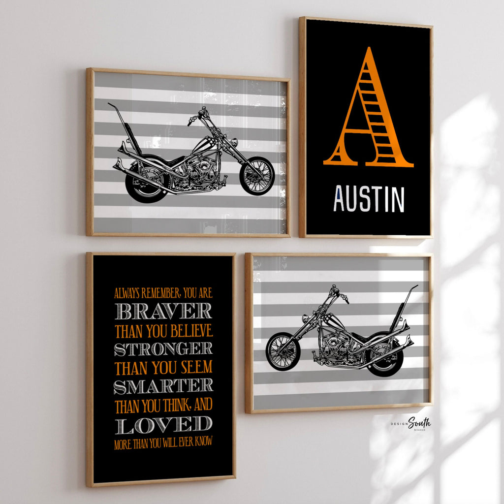 Harley davidson colors, boys name, motorcycle with ape hangers, boys bedroom motorcycle theme decor, motorbike boys, motorcycle boys nursery