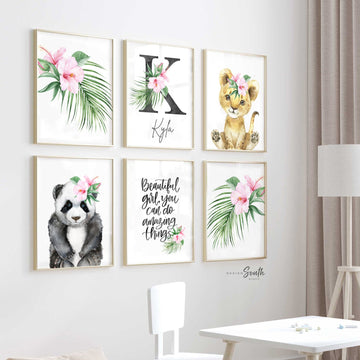 Animal nursery decor for girls, pink hawaiian flower animal prints, panda bear themed, pink tropical room art, wall art girl bedroom name