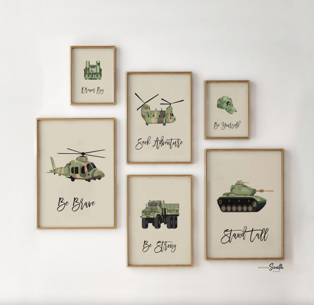 Army vehicles boys wall art set, soldier military tank truck helicopter, boys bedroom wall art print decor army marine troop, playroom army
