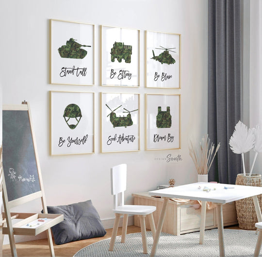 Army vehicles boys wall art set, soldier military tank truck helicopter, boys bedroom wall art print decor army marine troop, playroom army