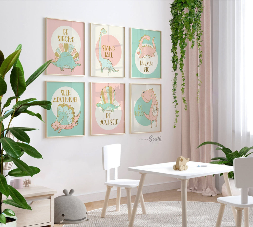 Pink mint dinosaur art, dinosaur wall pastel color, cute girl dinosaur themed room, pastel pink child dinosaur art, girl dinosaur party gift