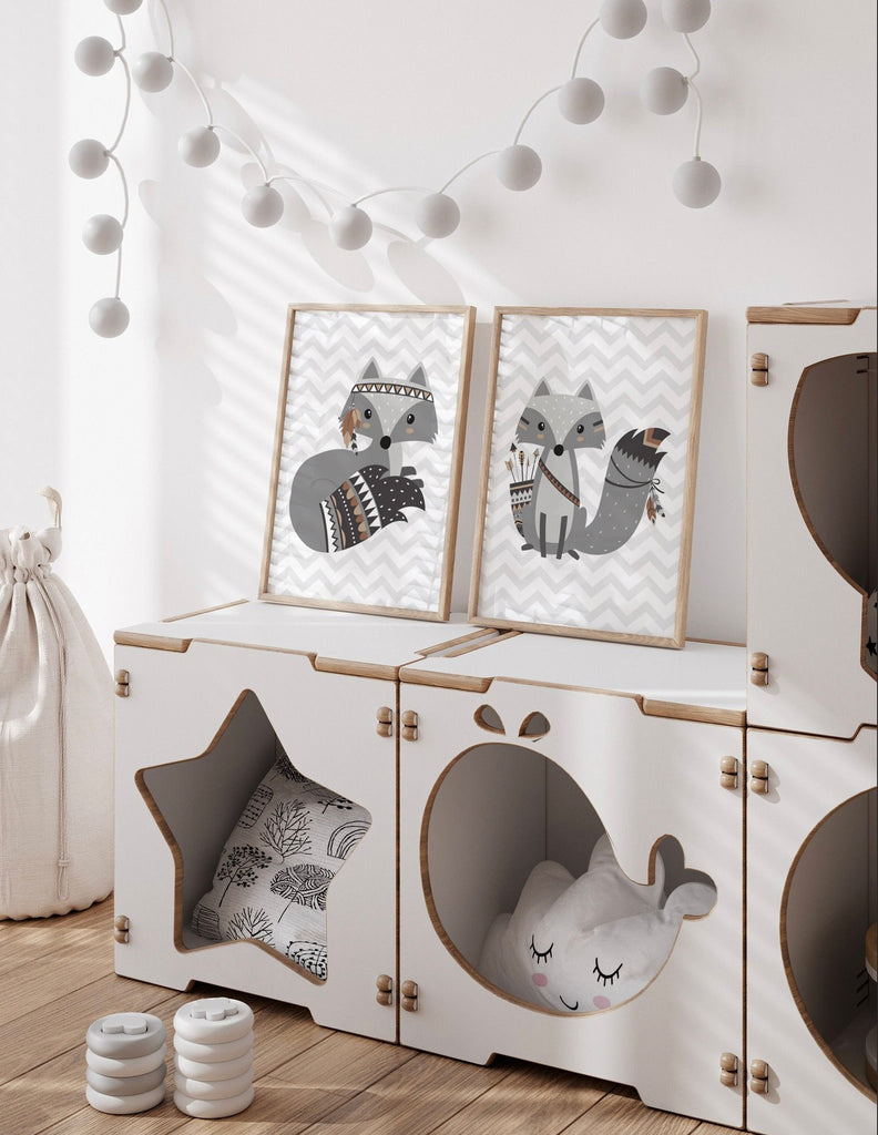 Boys nursery decor fox theme gray neutral colors, boy woodland fox animal art print, baby boy fox nursery wall art, boy baby shower gift fox