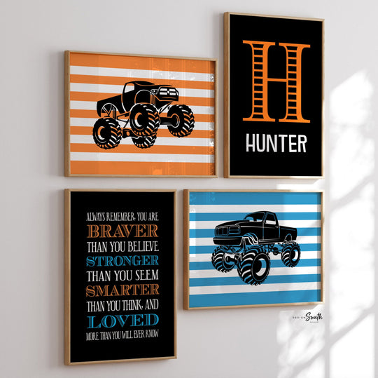 Monster truck wall personalized name for boys room decor, truck theme wall prints, boys monster truck with name, toddler truck bedroom decor