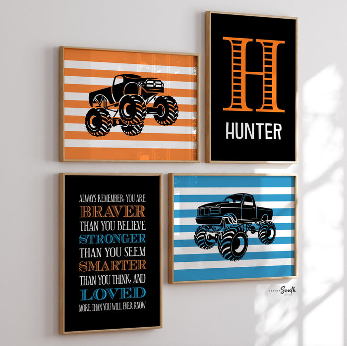 Monster truck wall personalized name for boys room decor, truck theme wall prints, boys monster truck with name, toddler truck bedroom decor