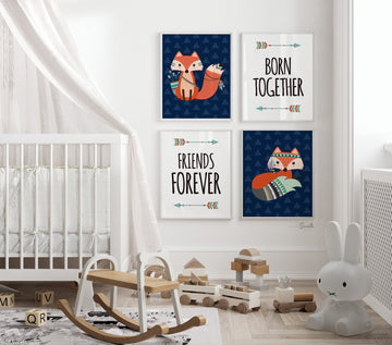 Twin nursery art, twin nursery decor, boy girl twins woodland, twin decor, twin art, nursery wall art for twins, twin foxes, born together