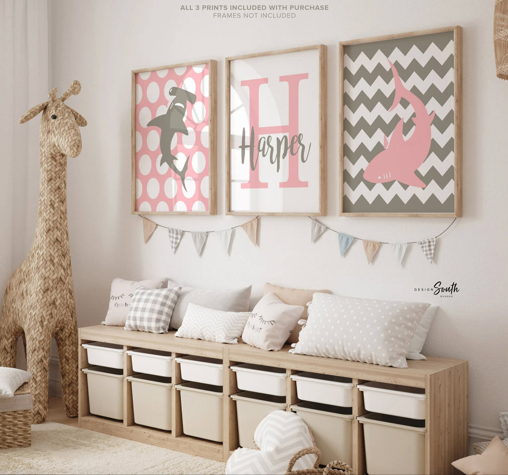 Girls shark nursery pink and gray, baby girl nursery sharks, pink sharks, pink and gray sharks, girls bedroom sharks, shark decor for girls