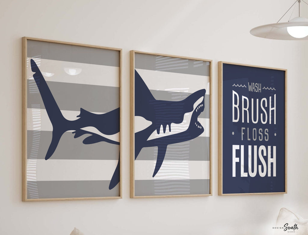 Shark bathroom decor, boys shark bathroom, boys bathroom wall art idea, shark gift for boy, shark theme bathroom, wash brush floss navy gray