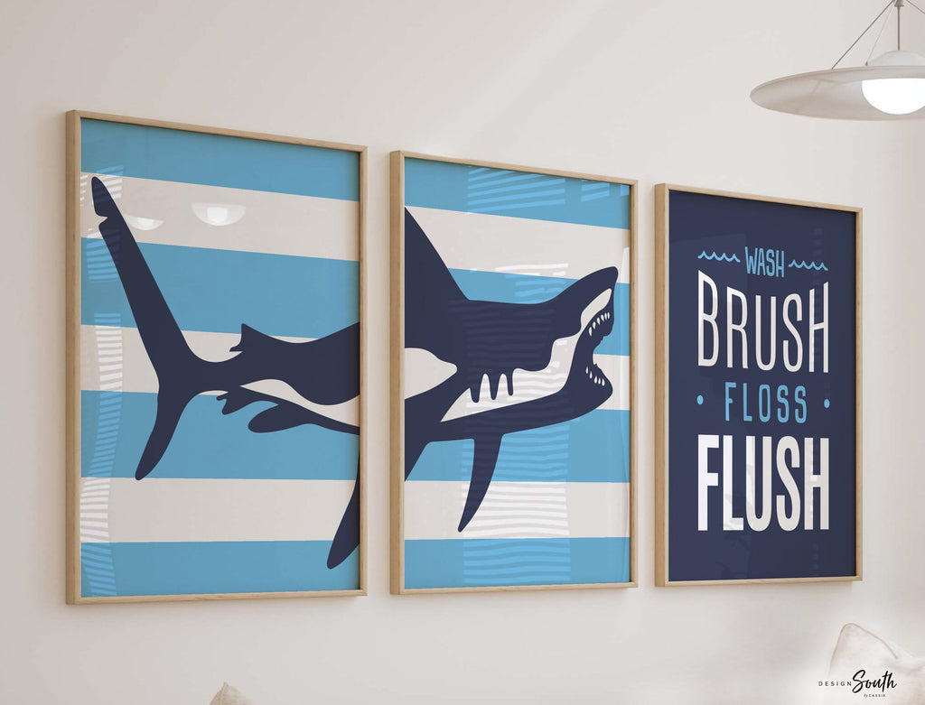 Shark theme bathroom, big boy bathroom art, blue sharks, gift for boy shark, kids bathroom navy blue, shark bite wash brush floss flush sign