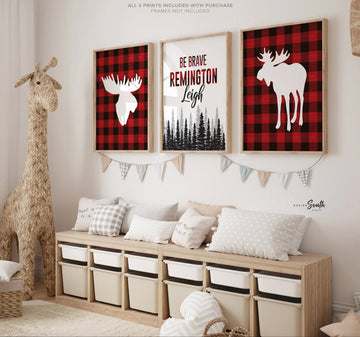 Woodland moose lumberjack nursery decor, baby boy red buffalo plaid check art, moose boys room, lumberjack birthday party gift personalized