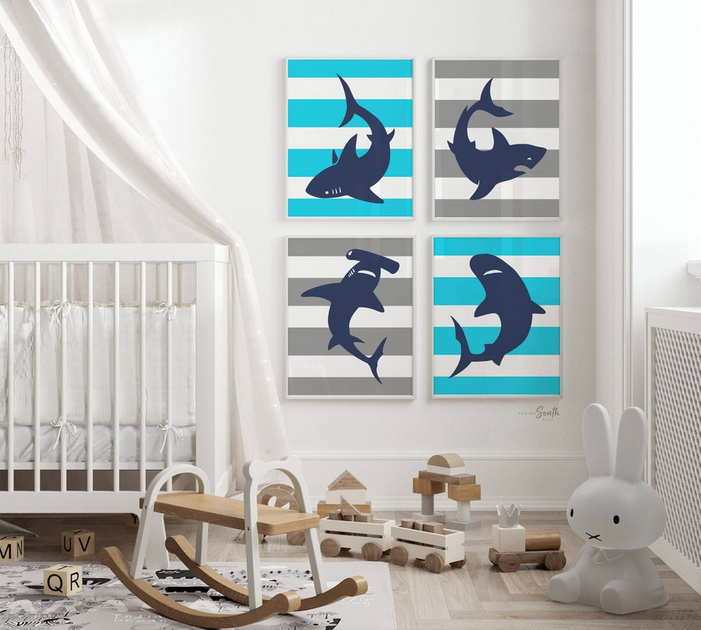 Boys room sharks, toddler shark room, shark decor, shark art, playroom decor ideas, bathroom shark decor, shark art prints for bathroom wall