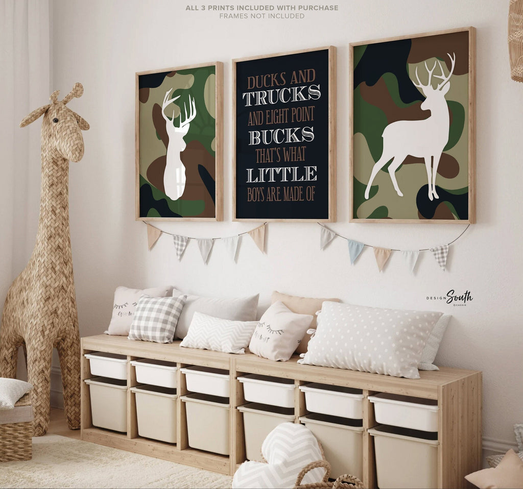 Buck deer nursery decor wall, ducks trucks bucks kids quote art, green camouflage nursery deer decor, eight point buck baby boy crib nursery