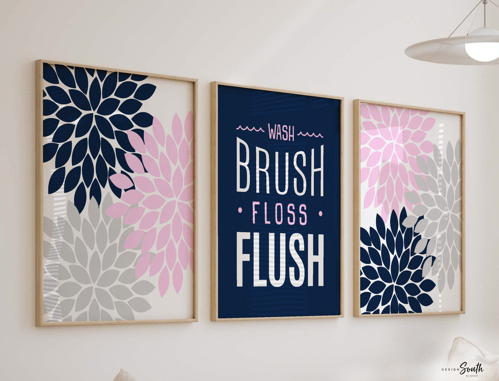 Girls pink and navy bathroom, wash brush flush, pink navy bathroom wall decor, girl bathroom decor, girls flower bathroom, modern baby decor