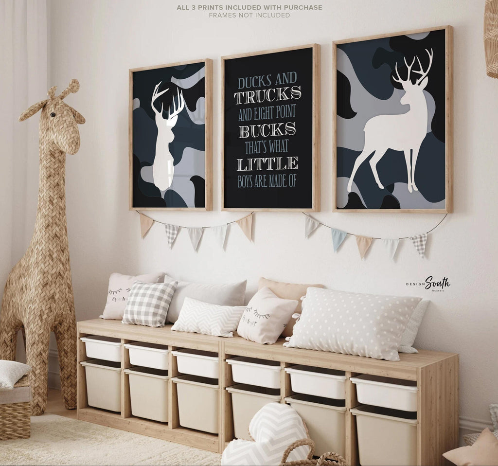 Hunting theme kid room, deer prints bucks, boy nursery decor hunting quote, navy blue camouflage decor for boys room, ducks trucks bucks kid