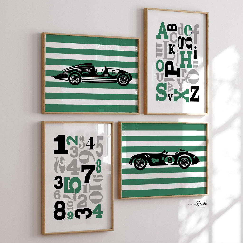 Vintage race car nursery, race car nursery, boys race car nursery, race cars, boys race car bedroom, race car art, green race cars, boys art