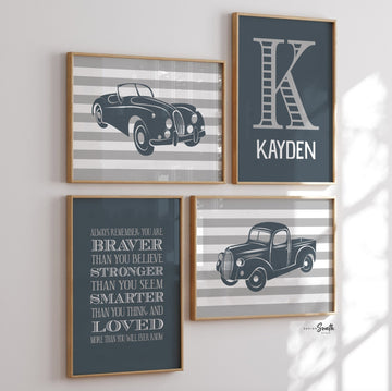 Baby boy car and truck vintage wall art prints, classic car nursery theme, boys old antique car personalized name, kids car wall art posters