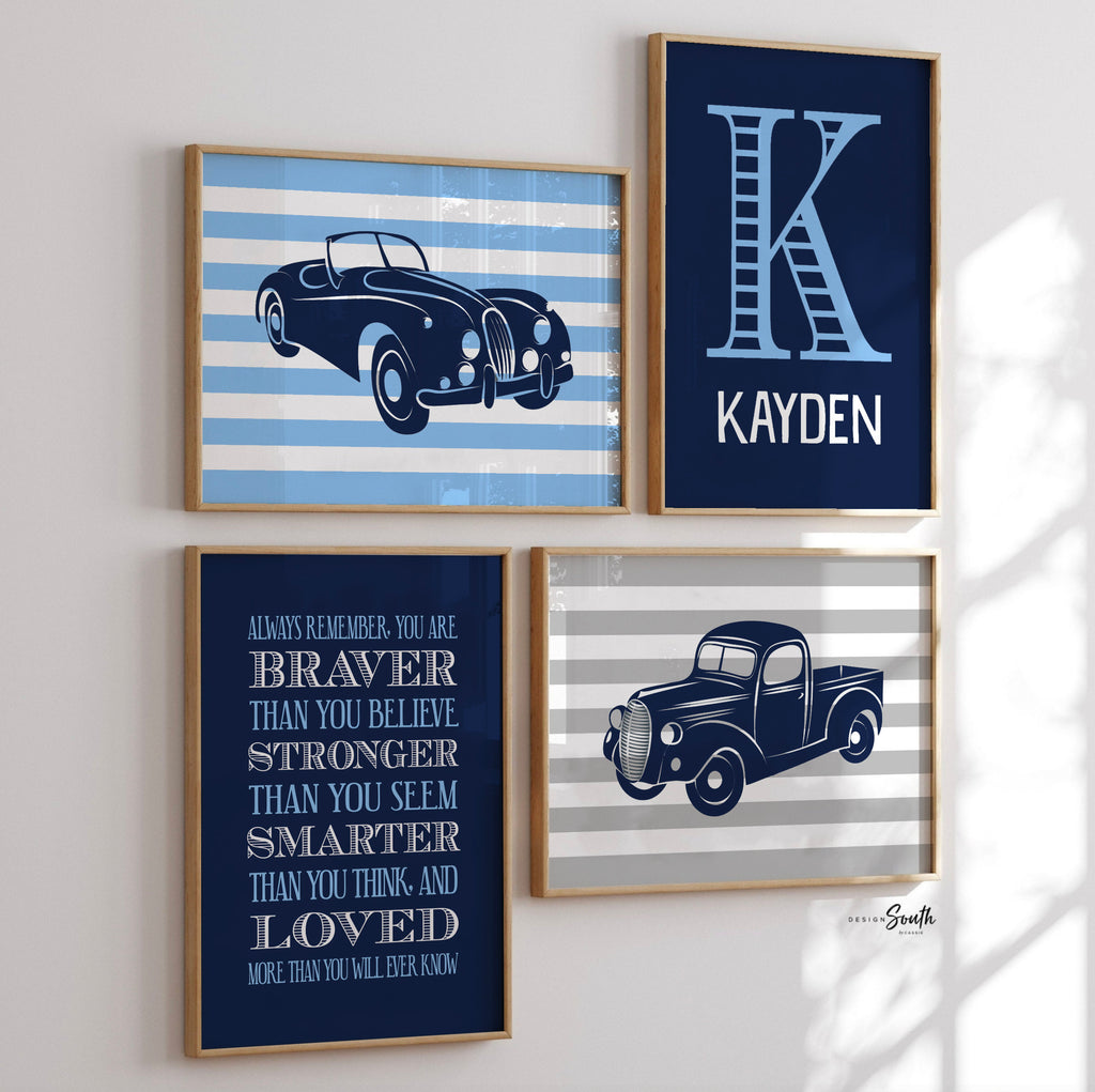 Vintage car and truck prints, vintage nursery, navy blue, gray, transportation nursery theme, boys car nursery, cars, trucks, boys, classic